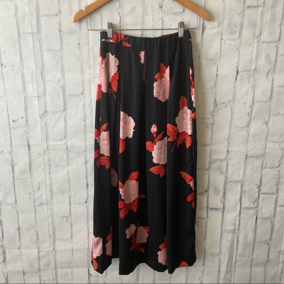 Who What Wear Black Silk Midi Skirt Red Pink Rose Floral Print Valentine - Picture 4 of 6